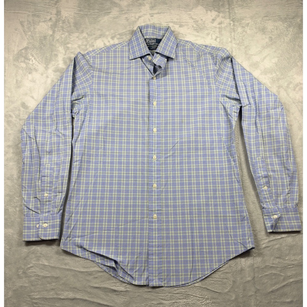 Polo Ralph Lauren Regent Custom Fit Shirt Mens Medium 15 Blue Green Plaid Cotton